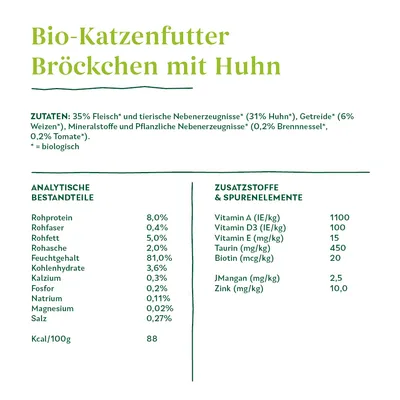 Bio-Katzenfutter Bröckchen mit Huhn. Zutaten: 35% Fleisch, Getreide, Mineralstoffe. Analytische Bestandteile: Rohprotein 8%, Feuchtigkeit 81%. Zusatzstoffe: Vitamin A 1100 IE/kg, Taurin 450 mg/kg.