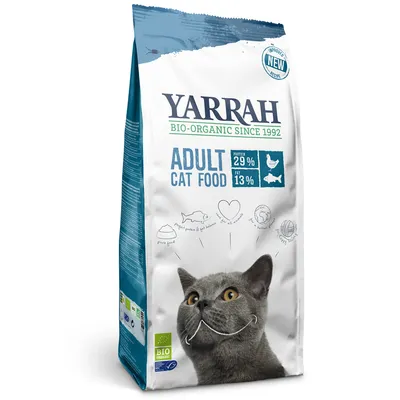 Yarrah Bio-Organic Since 1992 Adult Cat Food, proteine 29 %, grassi 13 %, immagine di un gatto grigio su confezione, certificazione bio visibile
