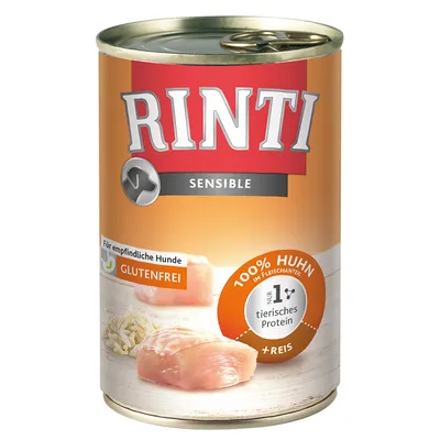 RINTI Sensible -koiranruokapurkki, näkyvissä tekstit: 100 % Huhn im Fleischanteil, nur 1* tierisches Protein, +Reis, GLUTENFREI. Kuvassa kanaa ja riisiä. Saksan- ja suomenkielistä tekstiä.