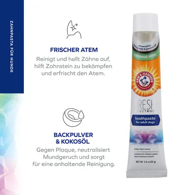Arm & Hammer Fresh Spectrum Coconut Mint hondentandpasta. Frisse adem, reinigt en maakt tanden witter, bestrijdt tandsteen. Zuiveringszout & kokosolie tegen tandplak en slechte adem.