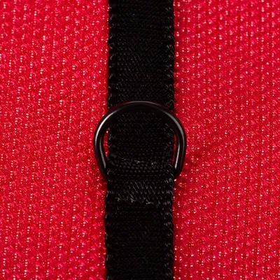 Close-up of a black fabric strap with a metal D-ring attached to red textured material, showing fastening detail for securing accessories.