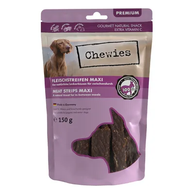 Chewies Fleischstreifen Maxi, Meat Strips Maxi, 150 g. Gourmet natural snack med ekstra vitamin C. Made in Germany. 100 % pure kød. Egnet til hvalpe og seniorhunde. Synligt tørret kød.