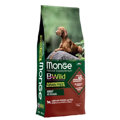 Monge Natural Superpremium BWild Adult All Breeds, Grain Free, agnello con patate e piselli, oltre il 65% di ingredienti animali, carne fresca, 12kg. Prodotto in Italia.