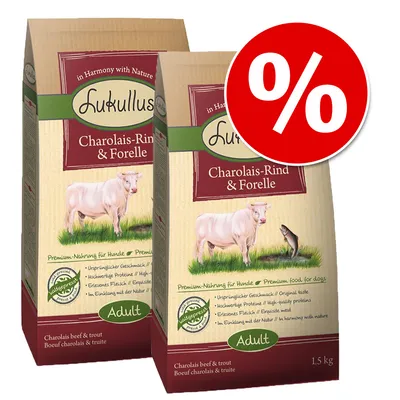 Dvě balení Lukullus Charolais-Rind & Forelle Adult 1,5 kg s obrázkem krávy a pstruha, nápisy Premium-Nahrung für Hunde, sleva označená červeným symbolem %.