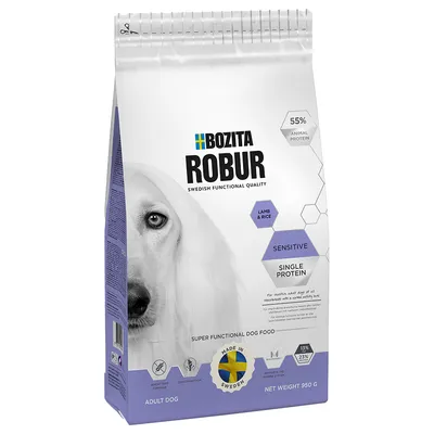 BOZITA ROBUR Swedish Functional Quality, Sensitive, Lamb & Rice, Single Protein, 55% animal protein, pro dospělé psy, hmotnost 950 g, vyrobeno ve Švédsku