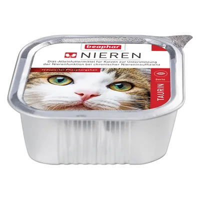 beaphar Nieren, alimento dietetico completo per gatti, supporto funzione renale, ridotto contenuto di fosforo, gusto taurina. Testo in tedesco sull'etichetta.