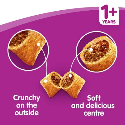 Prikaz grickalica s hrskavom vanjštinom i mekanom sredinom, tekst: Crunchy on the outside, Soft and delicious centre, 1+ years. Tekst na engleskom jeziku.