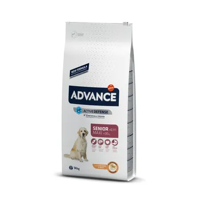 Sacchetto Advance Active Defense Senior Maxi +6 anni, +30 kg, 14 kg. Con pollo e riso. Nuova formula. Immagini di cane e icone benefici visibili sulla confezione.