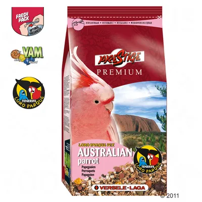 PRESTIGE PREMIUM Loro Parque Mix Australian parrot, Versele-Laga, resealable pack with seeds and nuts, Fresh Pack, VAM, Loro Parque Tenerife badges visible on packaging