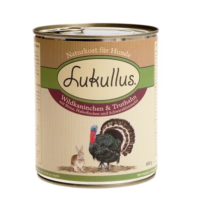 Lukullus Naturkost für Hunde, Wildkaninchen & Truthahn mit Birne, Haferflocken und Schwarzkümmelöl, 800 g dåse hundefoder. Tekst på tysk.