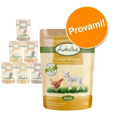 Lukullus Geflügel & Lamm Adult, confezione da 300 g. Testo visibile: 'Provami!'. Immagine di pollo e agnello sulla confezione. Altri gusti Lukullus sullo sfondo.