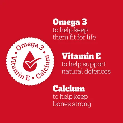 Omega 3, vitamin E and calcium are highlighted. Text: Omega 3 for fitness, vitamin E for immune defence, calcium for strong bones.