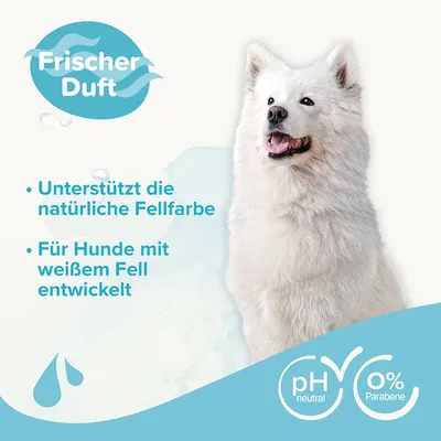 Frischer Duft. Unterstützt die natürliche Fellfarbe. Für Hunde mit weissem Fell entwickelt. pH-neutral, 0% Parabene.