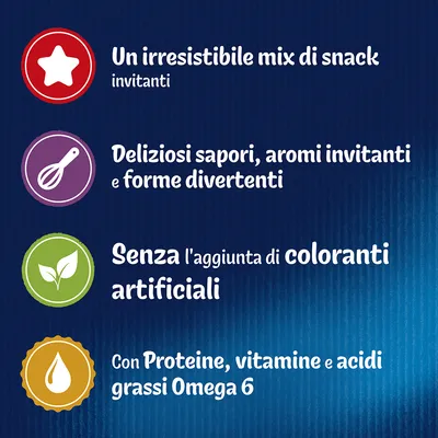 Un irresistibile mix di snack invitanti. Deliziosi sapori, aromi invitanti e forme divertenti. Senza l'aggiunta di coloranti artificiali. Con proteine, vitamine e acidi grassi Omega 6.