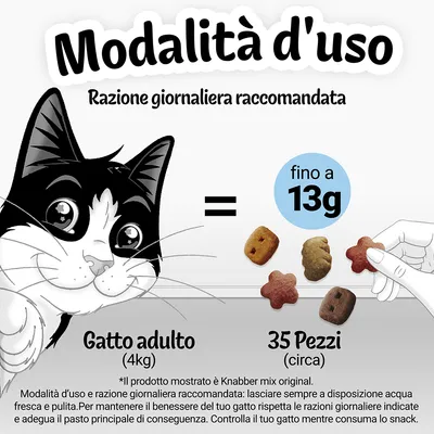 Modalità d'uso: razione giornaliera raccomandata per gatto adulto (4 kg) fino a 13 g, circa 35 pezzi. Testo aggiuntivo su modalità d’uso e benessere del gatto visibile in basso.