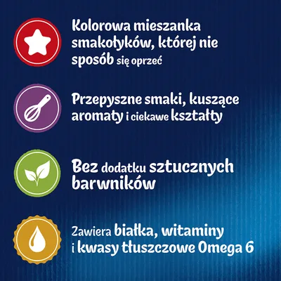 Kolorowa mieszanka smakołyków, przepyszne smaki, kuszące aromaty, bez dodatku sztucznych barwników, zawiera białka, witaminy i kwasy tłuszczowe Omega 6