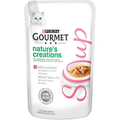 Purina Gourmet Nature's Creations delicioso caldo con atún natural y anchoas, sin colorantes, aromatizantes ni conservantes añadidos.