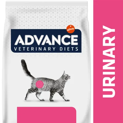 Advance Veterinary Diets packaging with a cat and a target symbol on its abdomen, highlighting urinary health. Large text reads 'URINARY' on a pink background.