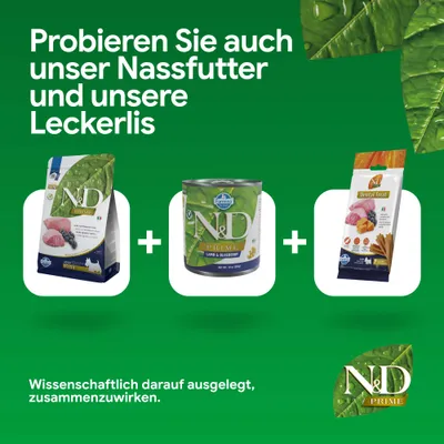 Probieren Sie auch unser Nassfutter und unsere Leckerlis. Wissenschaftlich darauf ausgelegt, zusammenzuwirken. Abgebildet: N&D Prime Trockenfutter, Nassfutter, Dental Treat.