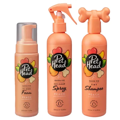 Pet Head Quick Fix No-Rinse Foam, Dry Clean Spray und 2-in-1 Shampoo, Duft Peach mit Arganöl. Natürliche Ölextrakte. Grössen: 200ml und 300ml.