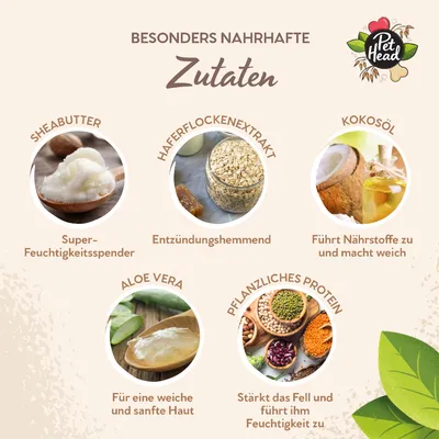 Posebno hranjivi sastojci: Sheabutter kao super hidratant, ekstrakt zobi protuupalni, kokosovo ulje bogato hranjivim tvarima, Aloe Vera za mekanu kožu, biljni protein za njegu dlake.