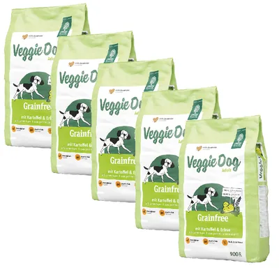 Veggie Dog Adult Grainfree mit Kartoffel & Erbse, 900g. Getreidefreies Hundefutter für Erwachsene Hunde. Verpackung zeigt Hund und Zutatenabbildungen.