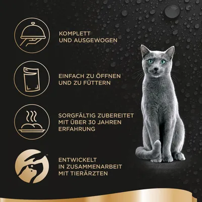 Komplett und ausgewogen, einfach zu öffnen und zu füttern, sorgfältig zubereitet mit über 30 Jahren Erfahrung, entwickelt in Zusammenarbeit mit Tierärzten. Tekst på tysk.