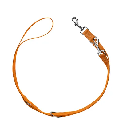 Orangefarbene Hundeleine mit verstellbaren Metallringen und Karabinerhaken.