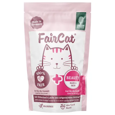 FairCat Beauty. Made in Germany, 100% fair, gut für die Umwelt und Katze. Mit Huhn & Lachs aus artgerechter Haltung, grainfree, Aloe Vera & Hanföl. Für Haar & Haut.