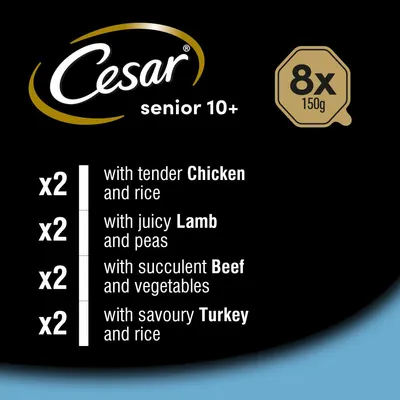 Pack contains 8 x 150g portions: 2 with chicken and rice, 2 with lamb and peas, 2 with beef and vegetables, 2 with turkey and rice. For senior 10+.