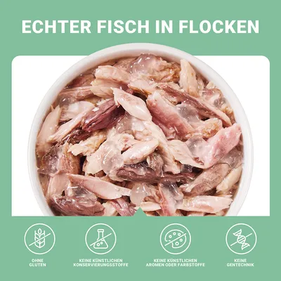 Echter Fisch in Flocken. Ohne Gluten, keine künstlichen Konservierungsstoffe, keine künstlichen Aromen oder Farbstoffe, keine Gentechnik.