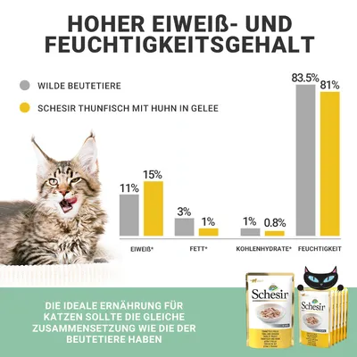 Hoher Eiweiss- und Feuchtigkeitsgehalt. Vergleich: Wilde Beutetiere vs. Schesir Thunfisch mit Huhn in Gelee. Ideale Ernährung für Katzen mit ähnlicher Zusammensetzung wie Beutetiere.