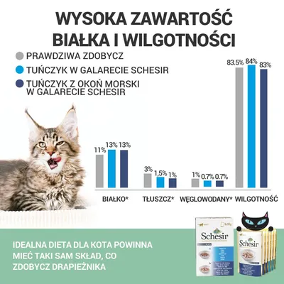 Porównanie składu: białko 11–13 %, tłuszcz 1–3 %, węglowodany 0,7–1 %, wilgotność 83–84 %. Schesir tuńczyk w galarecie. Tekst: idealna dieta dla kota powinna mieć taki sam skład co zdobycz drapieżnika.