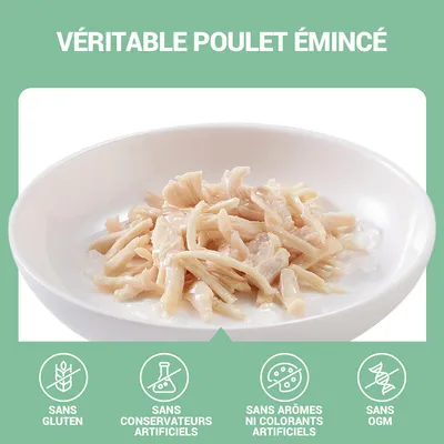 Véritable poulet émincé dans une assiette, sans gluten, sans conservateurs artificiels, sans arômes ni colorants artificiels, sans OGM (texte visible sur l’image)