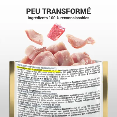 Texte visible : Peu transformé. Ingrédients 100 % reconnaissables. Composition surlignée : filets de poulet 62 %, jambon 41 %, riz 15 %. Étiquette d’aliment complémentaire pour chats adultes.