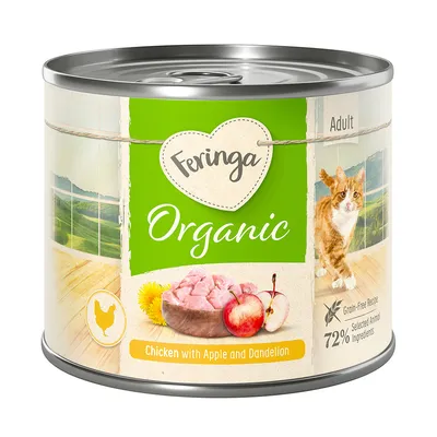 Feringa Organic Adult cat food, chicken with apple and dandelion, grain-free recipe, 72% selected animal ingredients.