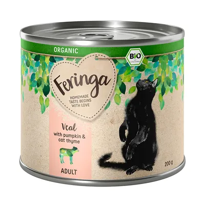 Feringa Bio kissanruoka, vasikkaa kurpitsalla ja kissanmintulla, aikuisille kissoille. Tölkki 200g, luomusertifioitu DE-ÖKO-006.