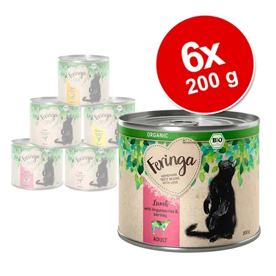 Feringa Adult -luomukissanruoka, 6 x 200 g. Etiketissä: Lamb with lingonberries & parsley. BIO-merkki ja Organic-teksti näkyvissä.