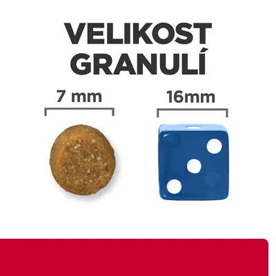 Velikost granulí: kulatá granule 7 mm vedle modré kostky 16 mm, srovnání velikosti pro lepší představu.