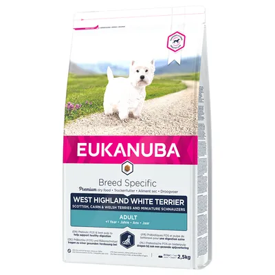 Eukanuba Breed Specific hrană uscată premium pentru West Highland White Terrier, Scottish, Cairn & Welsh Terriers și Miniature Schnauzers. Adult de la 1 an, pachet 2,5 kg.
