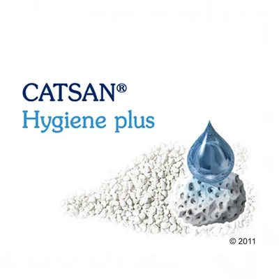 CATSAN Hygiene plus, granulés blancs avec goutte d’eau et surface poreuse visibles. Texte en anglais sur l’image.