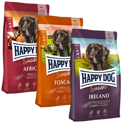 Happy Dog Sensible Trockenfutter für Hunde, Sorten: Africa (Strauß), Toscana (Ente & Lachs), Ireland (Lachs & Kaninchen), Adult, 11kg, Made in Germany, ohne künstliche Konservierungsstoffe.