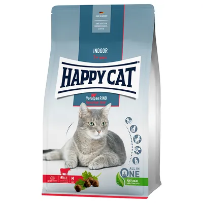 Happy Cat Indoor 1+ years Voralpen Rind bavarian beef tørfoder til kat, billede af grå kat på posen, tekst: Made in Germany, uden konserveringsstoffer, All in One Natural Life Concept