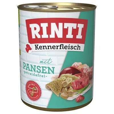 RINTI Kennerfleisch mit Pansen, getreidefrei. Afbeelding van vleesstukken en pens op het etiket. Rood zegel: 'Seit 1983 Original'.