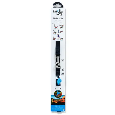 Curli Hundeleine, flexibel einstellbar auf 2 oder 3 Meter. Illustrationen zeigen verschiedene Nutzungsmöglichkeiten. Website: www.mycurli.com.
