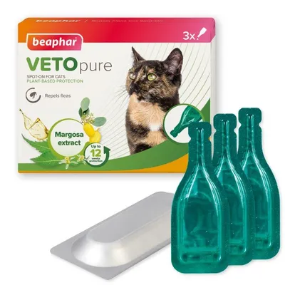 Spot-on treatment with margosa extract, repels fleas, up to 12 weeks protection, includes three single-use pipettes and packaging showing usage for cats.