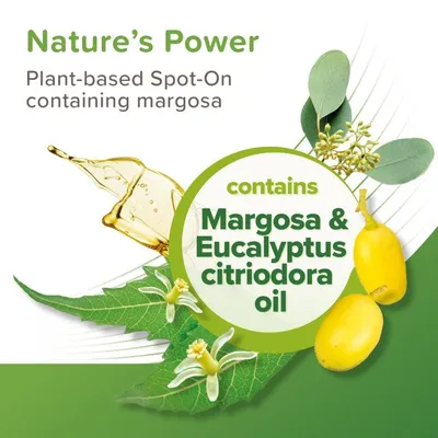 Plant-based Spot-On containing margosa, with margosa and eucalyptus citriodora oil as ingredients. Nature’s Power highlighted.