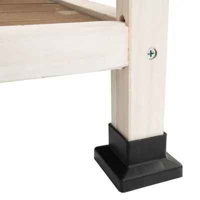 Pied de meuble en bois clair avec embout carré noir en plastique, fixation visible par vis métallique.