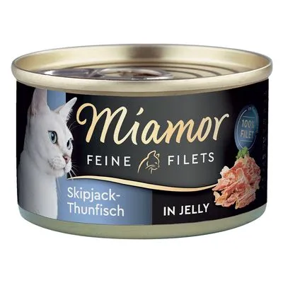 Miamor Feine Filets Skipjack-Thunfisch in Jelly, 100% filet. Blik met afbeelding van een witte kat en tonijnfilet. Tekst deels in het Duits en Engels.