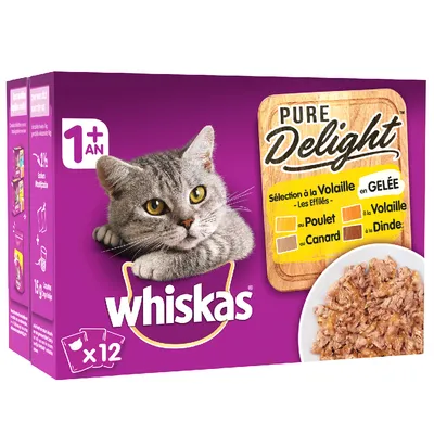 Whiskas Pure Delight, 12× kapsiček pro kočky od 1 roku, výběr drůbežích příchutí v želé: kuře, kachna, krůta. Text ve francouzštině.